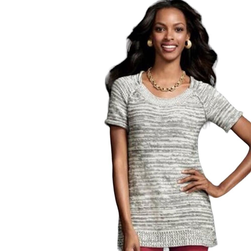 CAbi Black & White Marled Short Sleeve Sweater